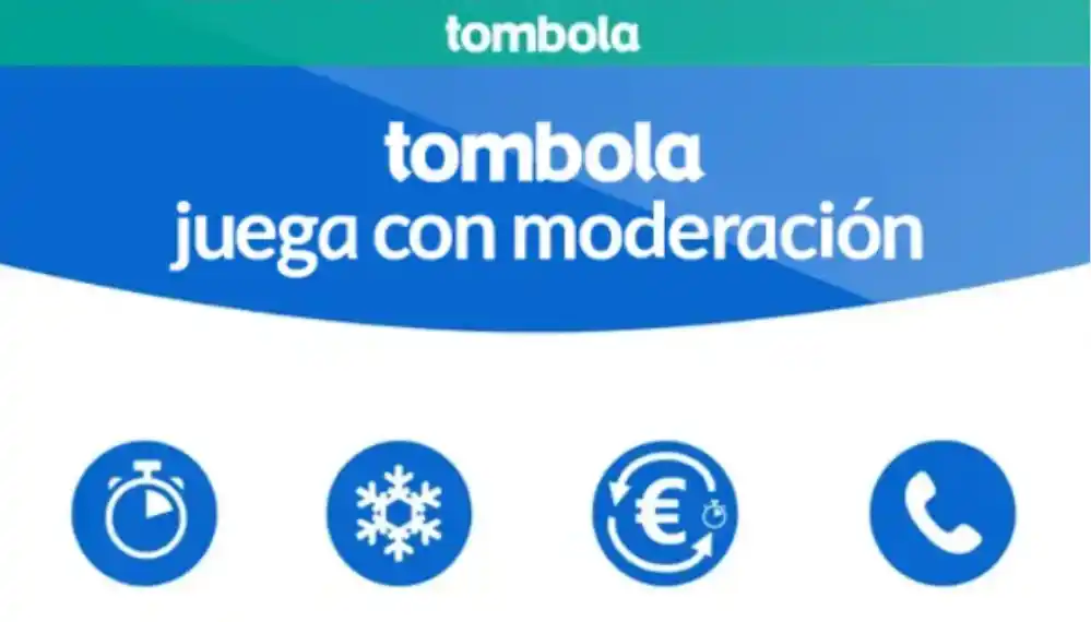 Mensaje de juego responsable: “tombola juega con moderación” con iconos de control