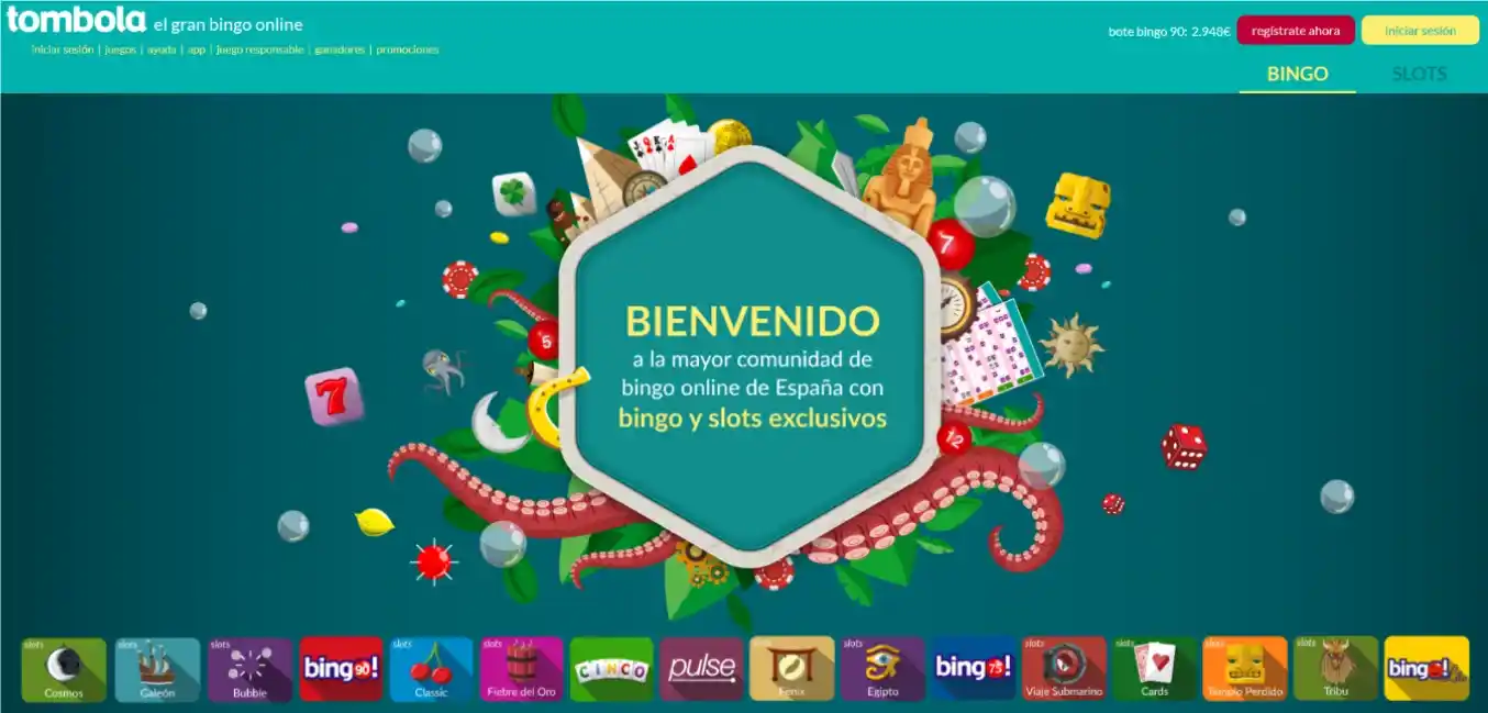Pantalla de bienvenida de Tombola con juegos y gráficos coloridos