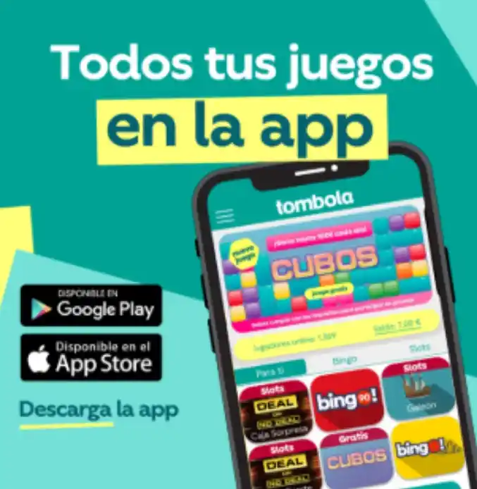 Promoción de la app móvil de Tombola con enlaces a App Store y Google Play