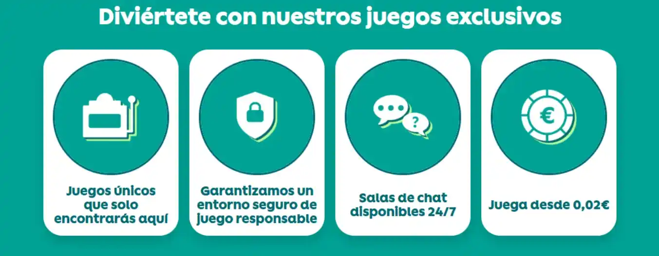 Beneficios del sitio: juegos únicos, seguridad, chat y apuestas desde 0,02 €